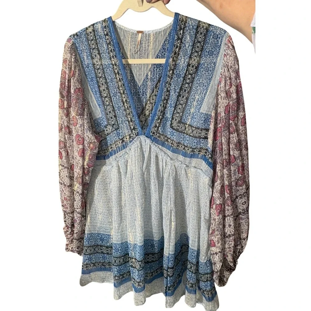 Free‎ People Alyiah Blouse Boho Puff Sleeve Top Blouse sz S